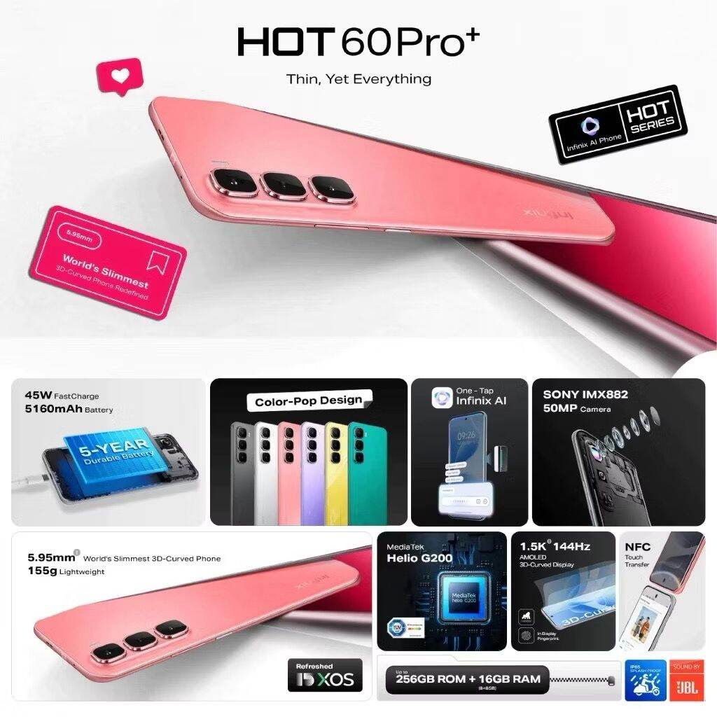 Infinix Hot 60 Pro + 8/256GB-up to 16GB extended RAM - Helio G200 - 6.78 inch 1.5K AMOLED - 50MP - 5160 mah-NFC Infinix Hot 60 Pro + 8/256GB-up to 16GB extended RAM - Helio G200 - 6.78 inch 1.5K AMOLED - 50MP - 5160 mah-NFC Harga 121,000 rupiah*Gratis Ongkir