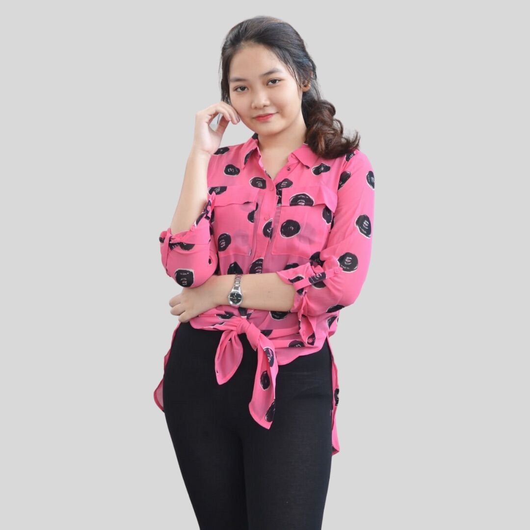 Lazada Indonesia - I LOVE RONSON – kemeja lengan panjang wanita motif pink