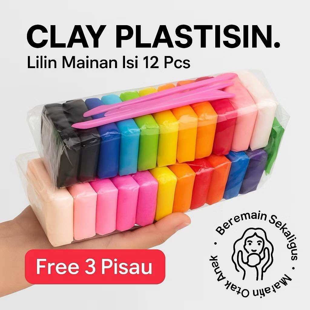 Lilin Mainan Isi 12 Pcs Clay Plastisin Berwarna-warni dengan Alat Pemotong Gratis