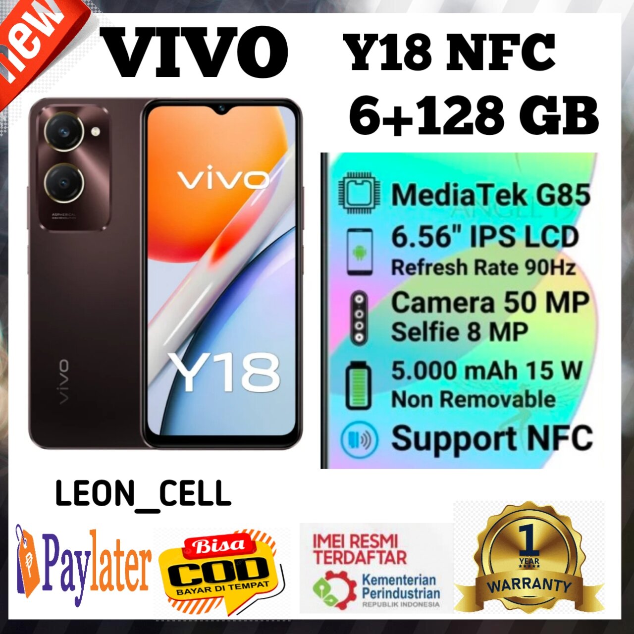 Vivo Y18 6 + 128 NFC camera 50 MP MediaTek Helio G85 IMEI terdftar 1 year warranty official Harga  1,345,000 Ringgit*Penghantaran Percuma