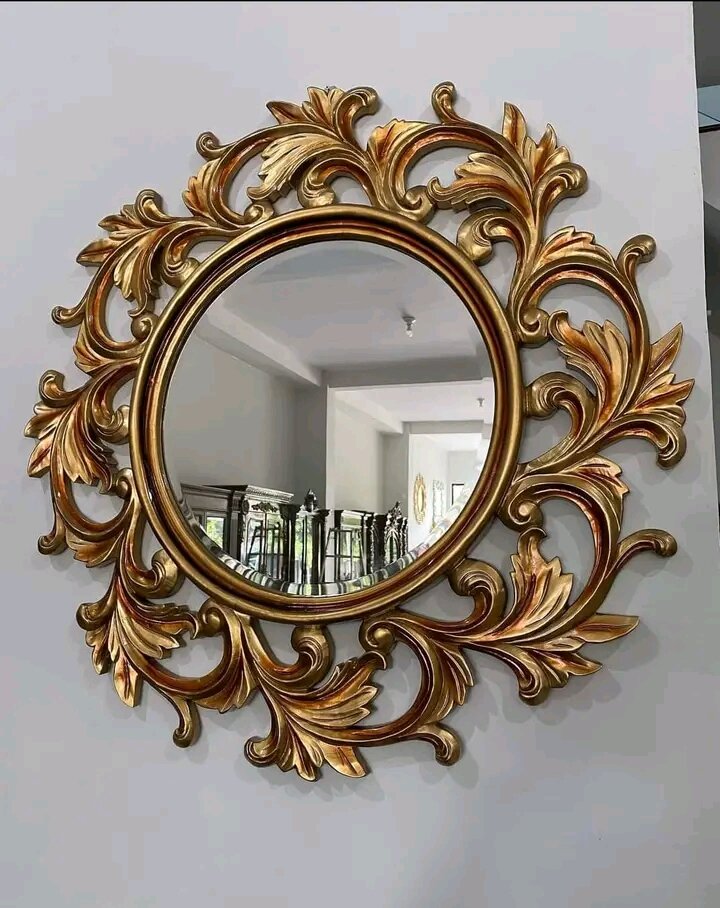 cermin bulat ukir jati gold diameter kaca 40cm