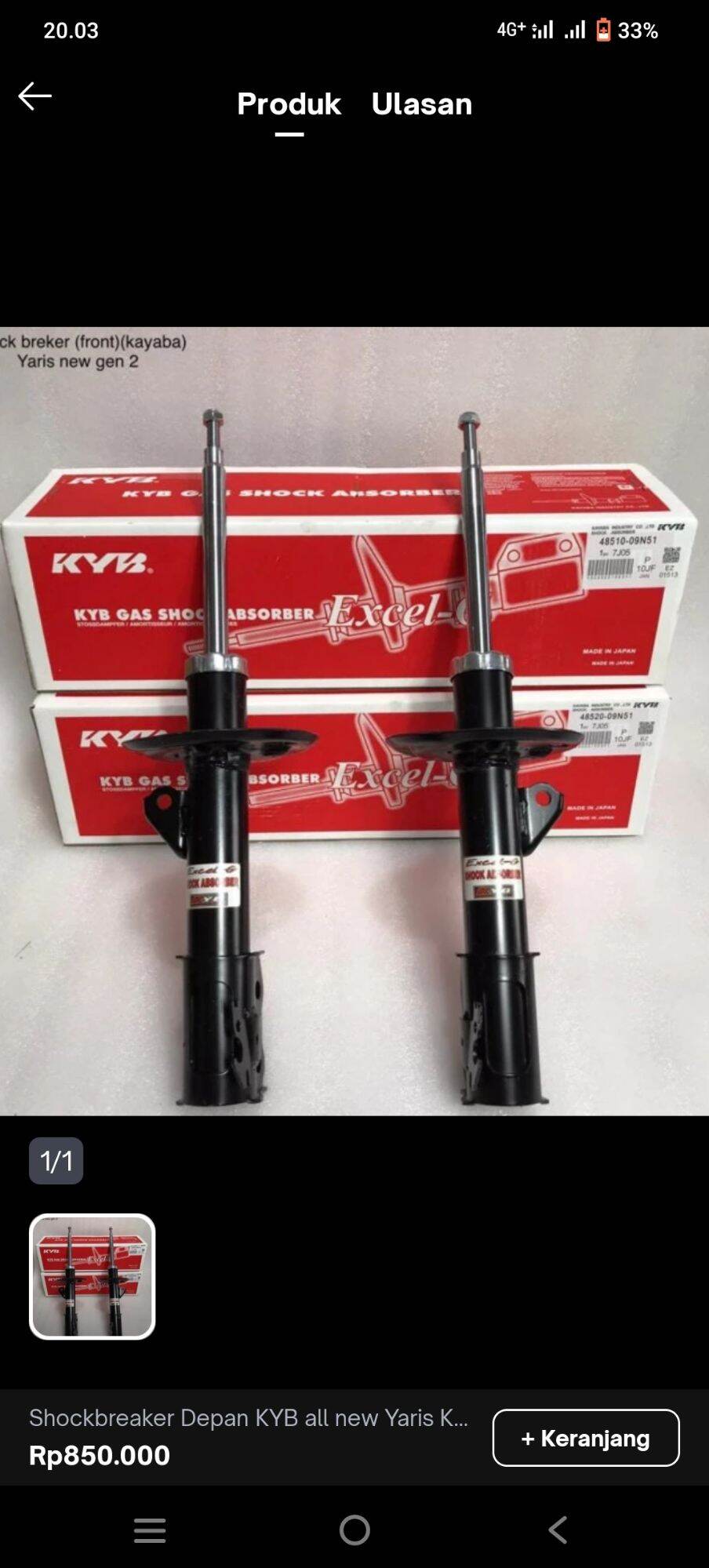 Shockbreaker Toyota Yaris depan merek Kayaba Harga  750,000 Ringgit*Penghantaran Percuma