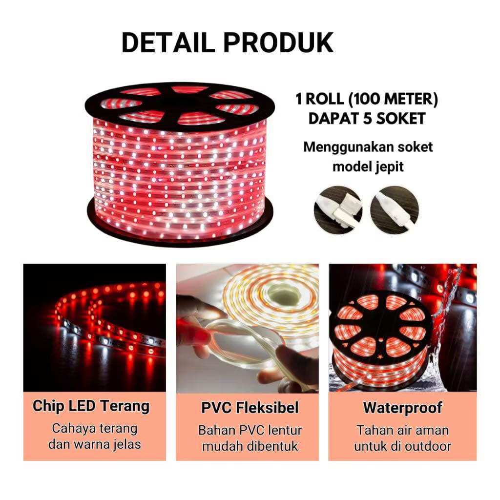 Strip LED Merah Putih RGB 5050 100 meter 1 roll / Lampu Outdoor Kedip FREE SOKET