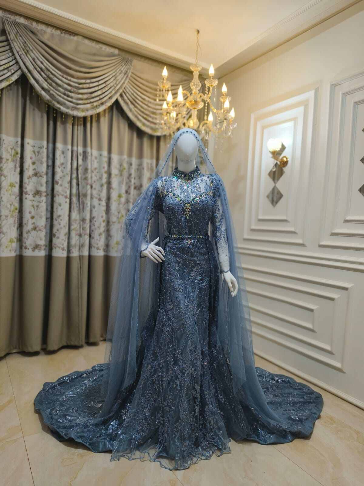 gaun pengantin wedding dress span slim warna biru denim Gaun