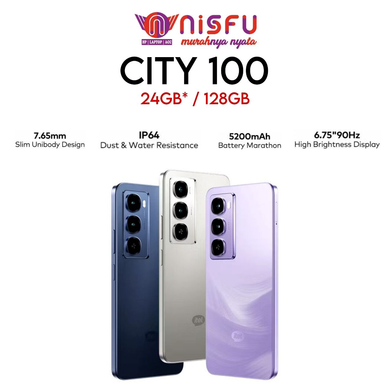 ITEL CITY 100 24GB*/128GB | BATRAI 5200 | WATER RESISTANCE | GARANSI RESMI Harga  1,295,000 Ringgit*Penghantaran Percuma
