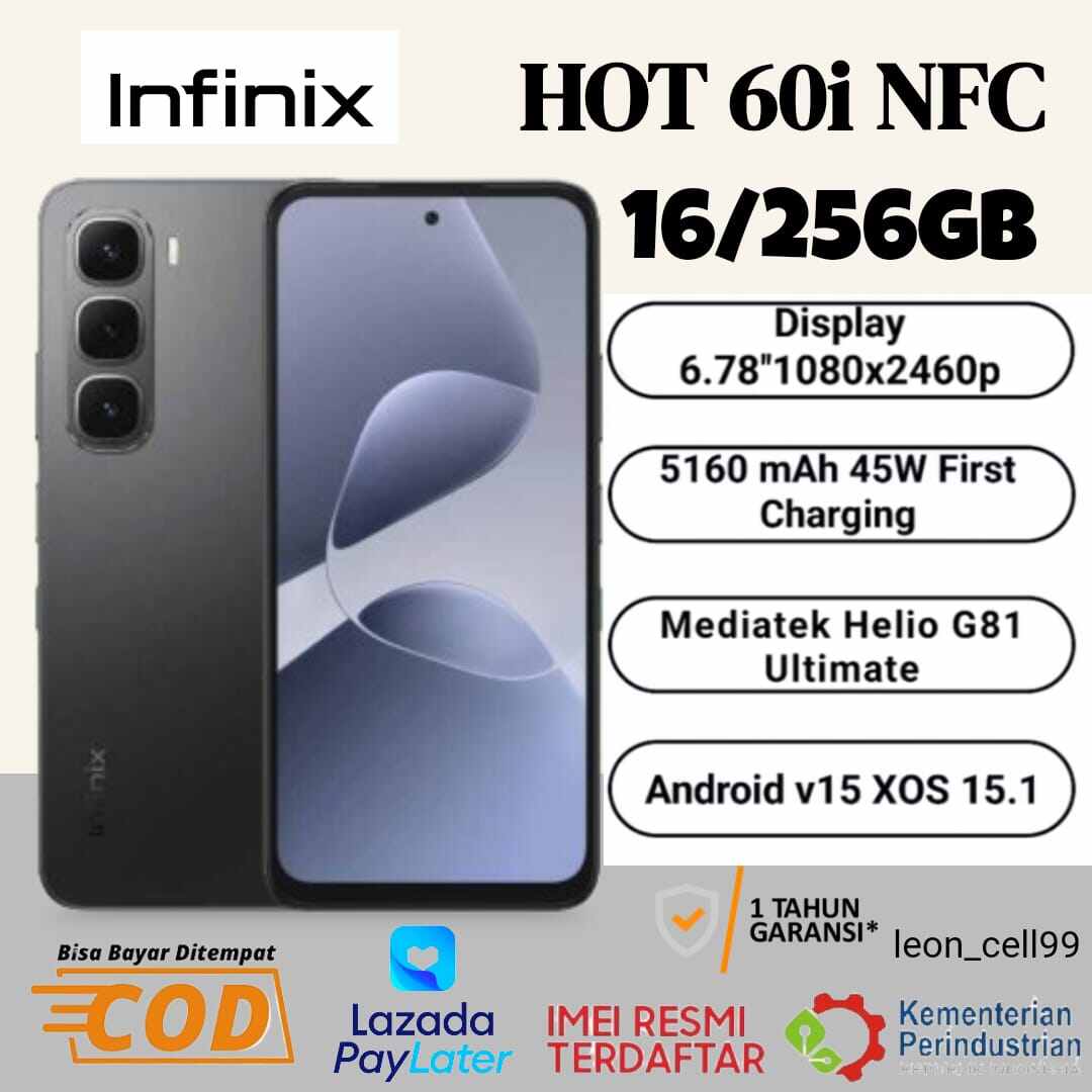 Infinix Hot 60i NFC RAM 16 + 256 GB gaming processor MediaTek Helio G81 (50i replacement) 1 year official warranty (IMEI listed) Harga  1,095,000 rupiah*Gratis Ongkir