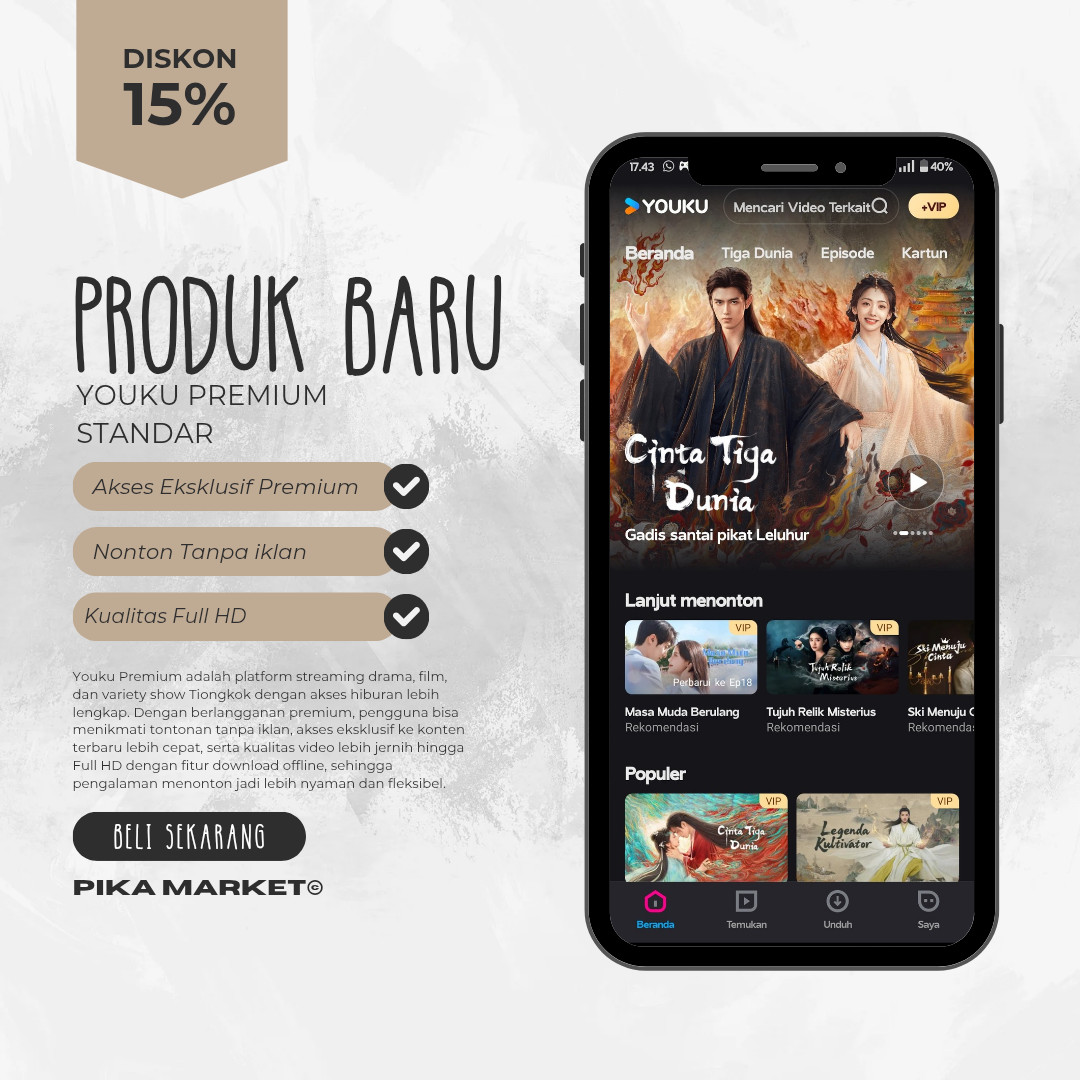 YOUKU VIP | YOUKU PREMIUM PAKET SHARING PROSES CEPAT ANTI IKLAN Harga 15,500 rupiah*Gratis Ongkir