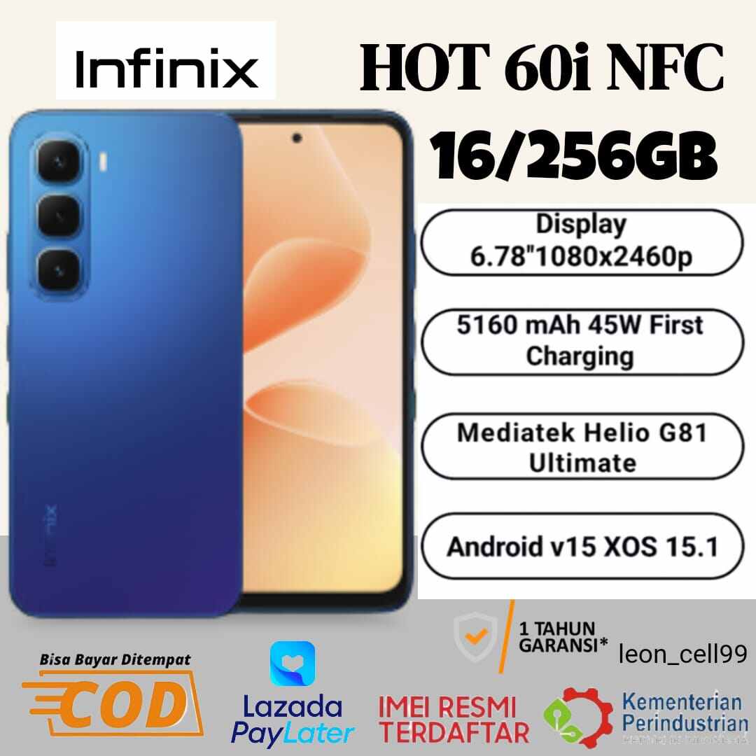 Infinix Hot 60i NFC 16 + 256 GB Helio G81 Ultimate (gaming Boster) replacement Hot 50 official warranty 1 year Harga  1,095,000 Ringgit*Penghantaran Percuma