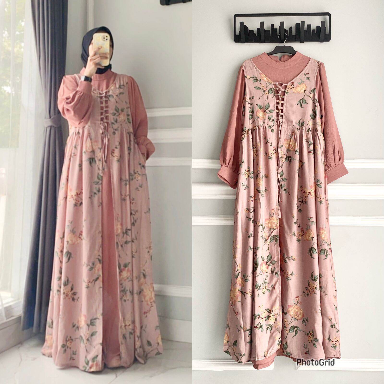 Gamis Dress Set Inner dan Outer Bermotif Bahan Rayon Polo Linen ...