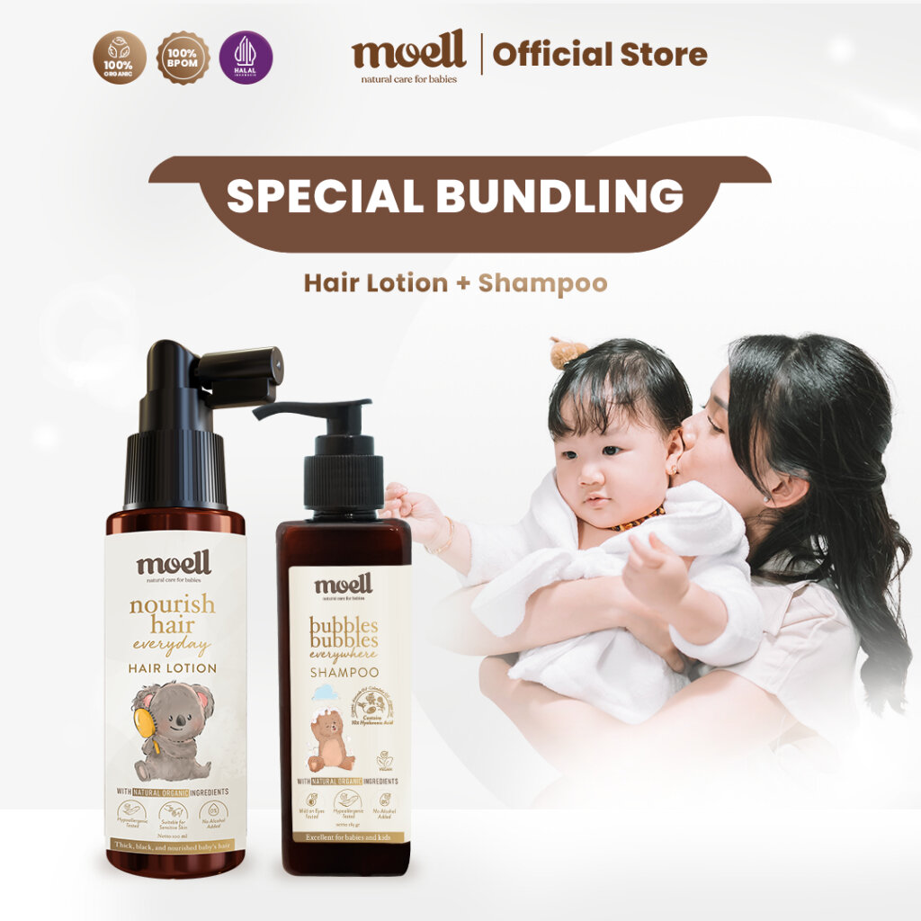 2BOTOL Moell Hair Lotion dan Shampoo Paket Khusus untuk Rambut Bayi dengan Atribut Nourishing dan Bubbles.