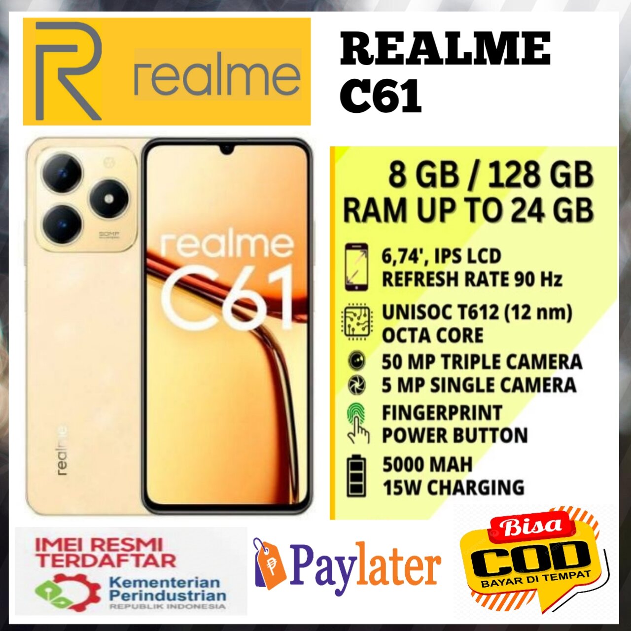 Realme C61 RAM 8 + 128 GB 33W fast charging camera 50MP official warranty IMEI registered original 100%☑️☑️☑️ Harga  1,115,000 Ringgit*Penghantaran Percuma