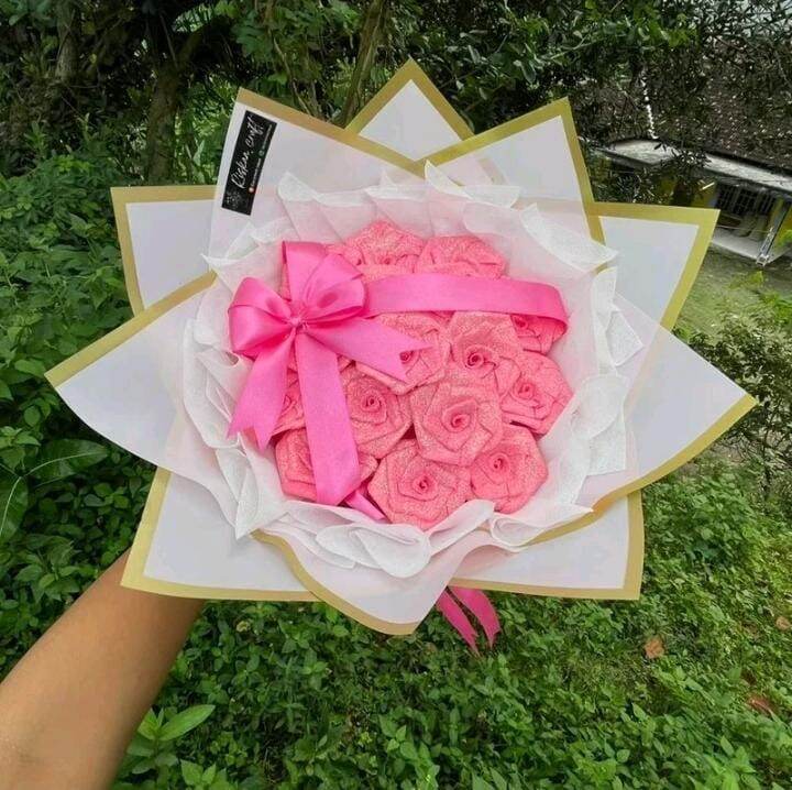 (10 bunga) Buket bunga pita satin glitter termurah mahkota dan tulisan kado glitter elegan dengan glitter gratis untuk wisuda ultah anniv wedding