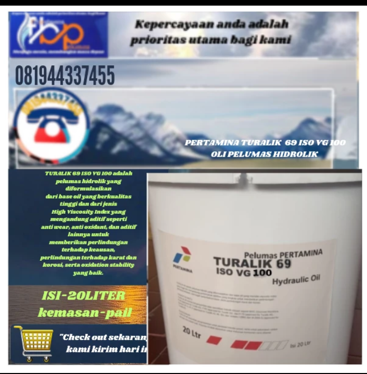 oli pelumas hidrolik Pertamina turalik 69 ISO VG 100 isi-20liter kemasan pail Harga 1,150,000 rupiah*Gratis Ongkir