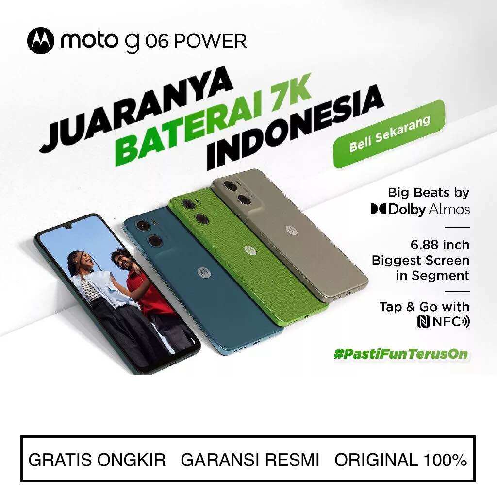 Motorola Moto G06 power NFC (4/128GB) 8GB boost Ram-Helio G81-50MP Pro Mode Camera-Dolby Atmos stereo-6.88 inch HD + 120Hz Display-7000mAh battery official warranty 1 year Harga 1,593,000 rupiah*Gratis Ongkir