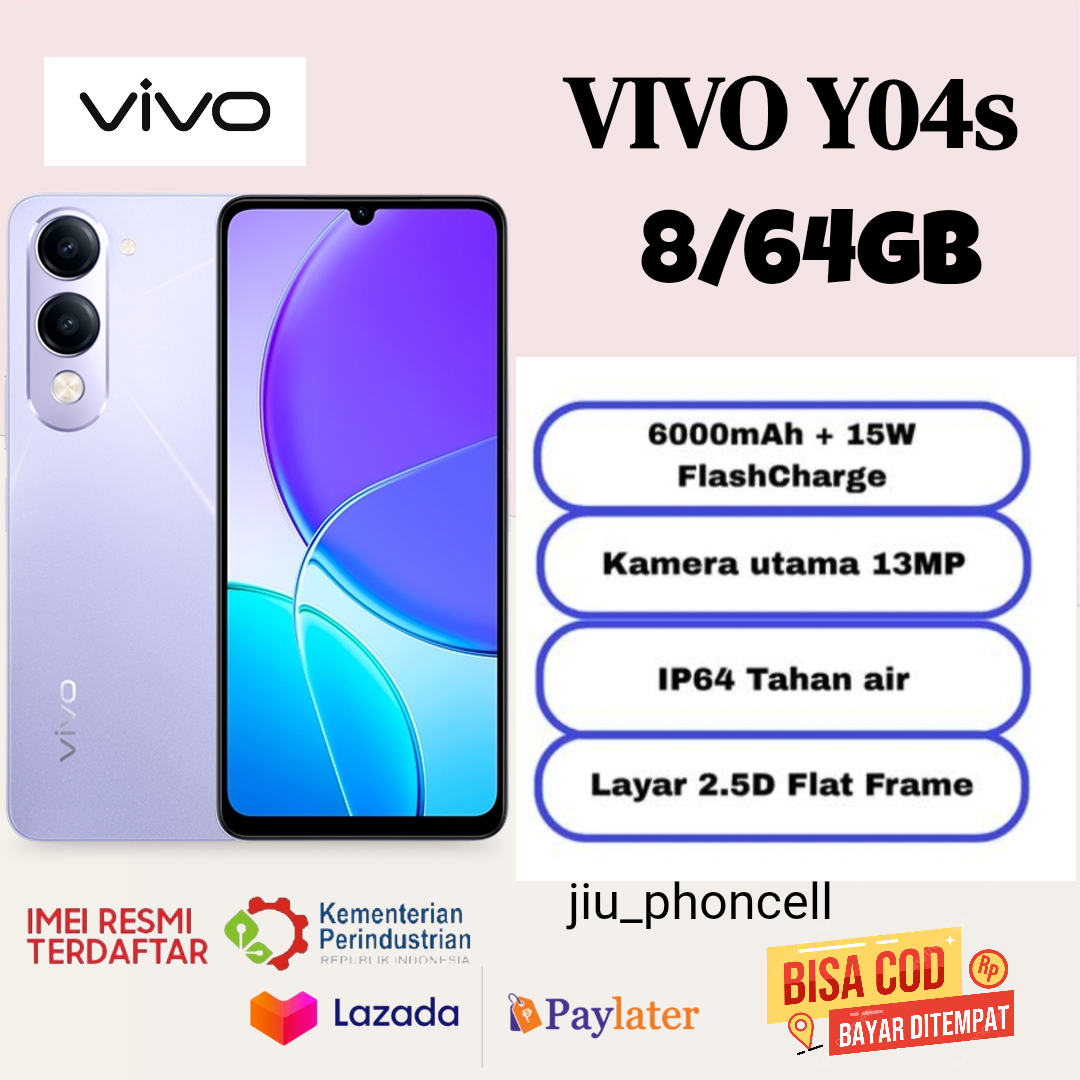 Vivo Y04S Ram 8/64Gb, 6000Mah Battery, 1 Year Official Warranty - Merek vivo Harga 1,395,000 rupiah*Gratis Ongkir