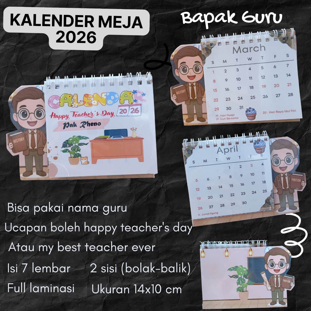 kalender meja 2026 desain guru 14x10cm full laminasi