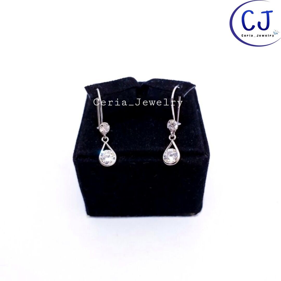 925 Silver Earrings Plated with White Gold, White Stone Design - Women's Silver Jewelry