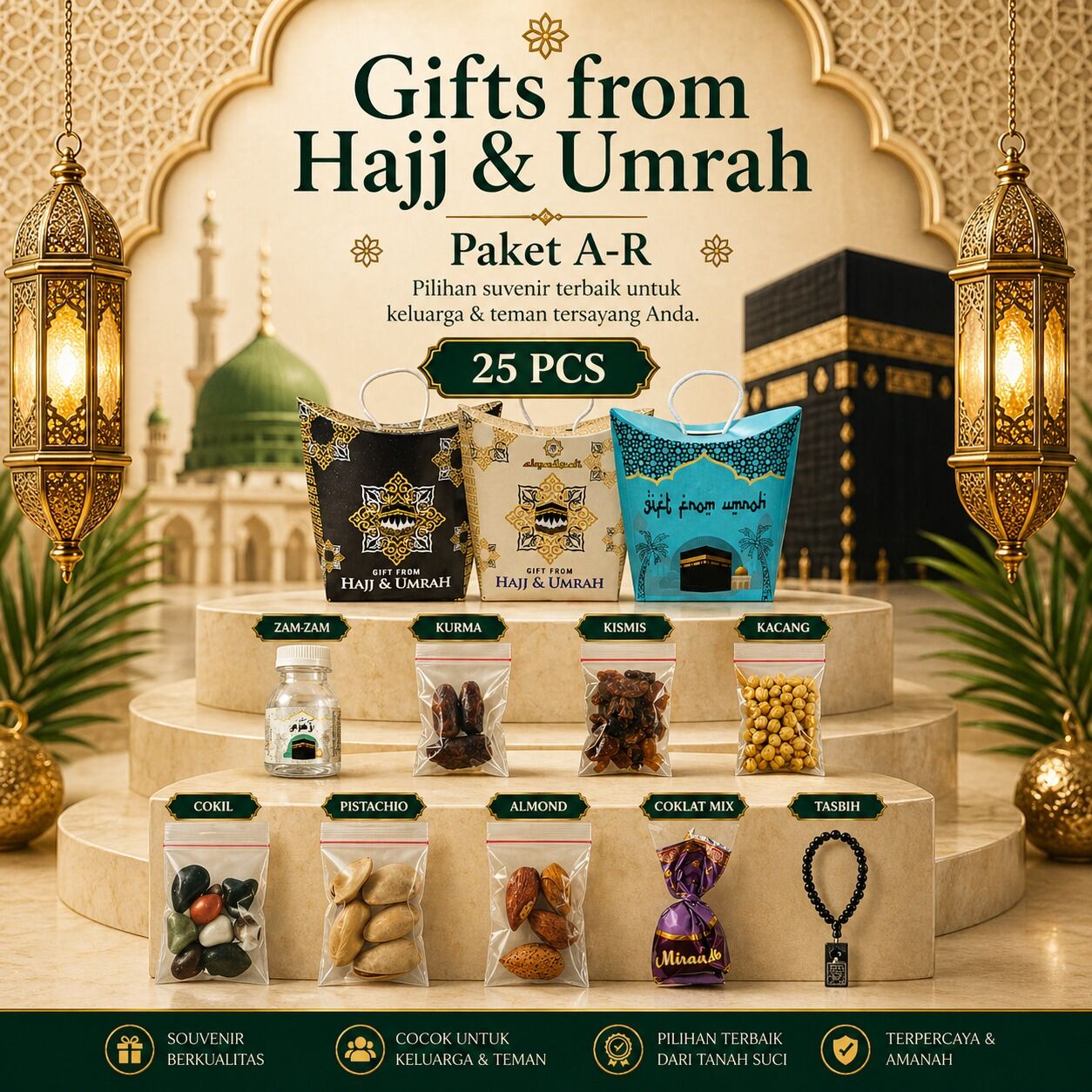 Save package contents 25 PCs souvenirs Hajj and Umrah/hampers souvenirs Arabic food
