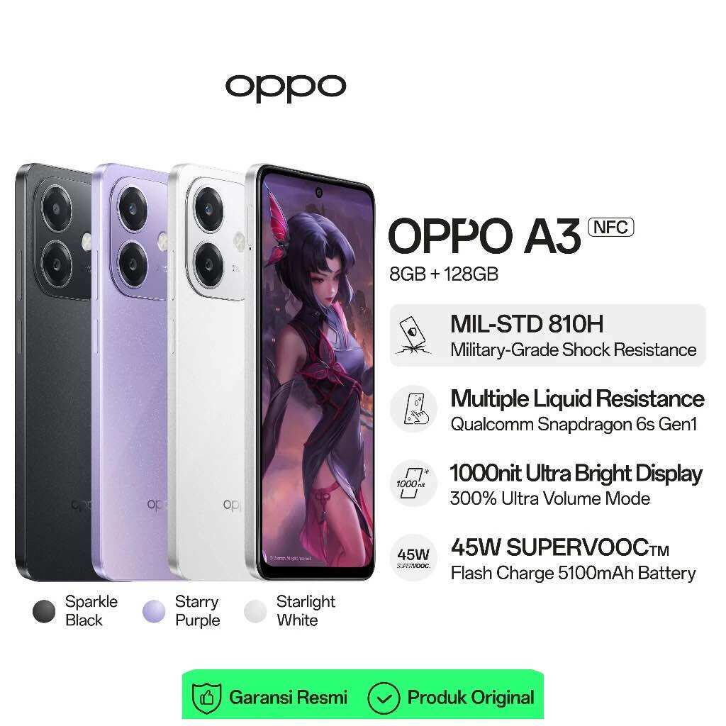 Oppo A3 NFC [8GB/128GB] extended RAM 8GB - MIL-STD 810H grade shock resistance-Snapdragon 6s Gen1-5100mah supervooc 45W official warranty 1 year Harga  2,173,000 Ringgit*Penghantaran Percuma