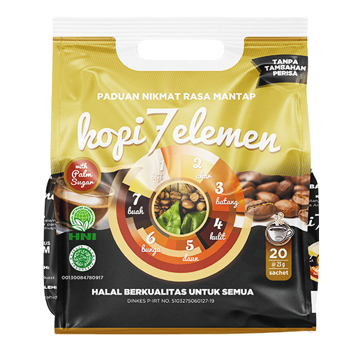 Kopi 7 Elemen Premium isi 10Saset merupakan kopi kesehatan yang diramu dari 7 bahan dasar herbal alami