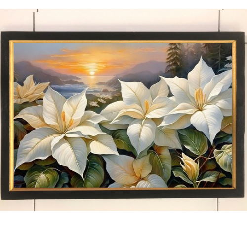 Hiasan dinding lukisan cetak Bunga putih mekar plus bingkai uk 35x52cm