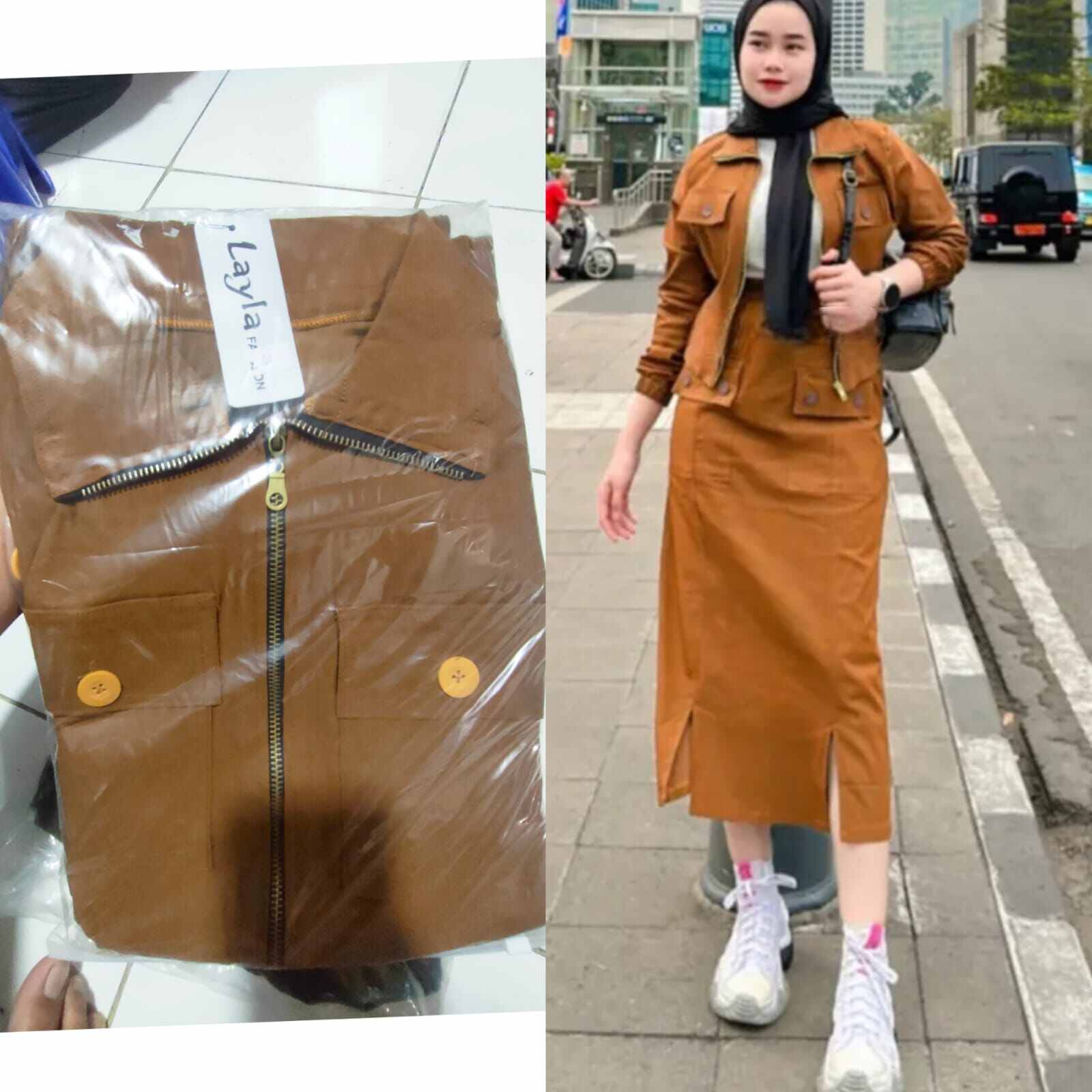 One set rok + jaket bomber cargo zahra setelan set rok terbaru korean