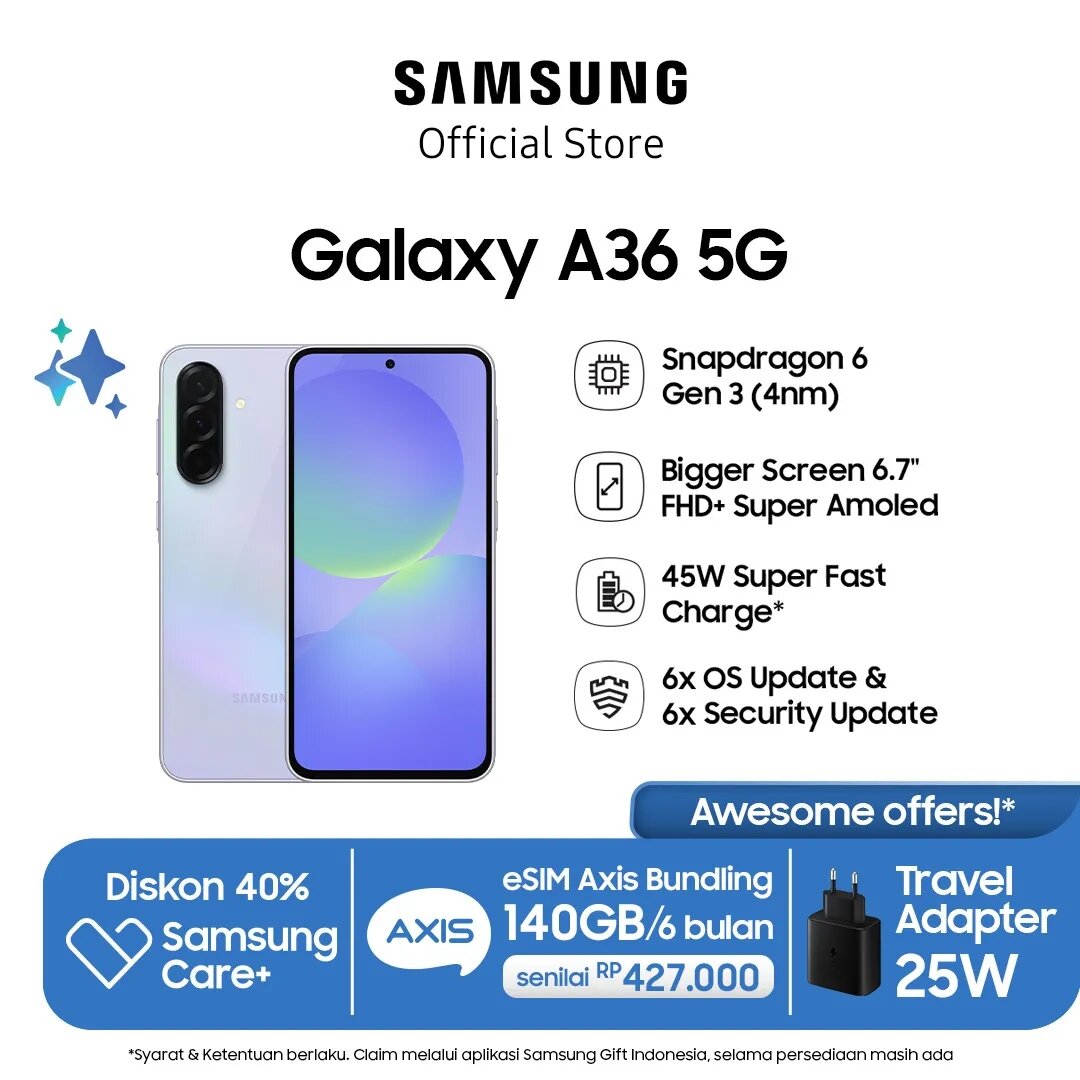 Samsung Galaxy A36 5g 8/256 Gb Awesome Lavender | Galaxy Al | Snapdragon6 | 45W Harga 4,850,000 rupiah*Gratis Ongkir