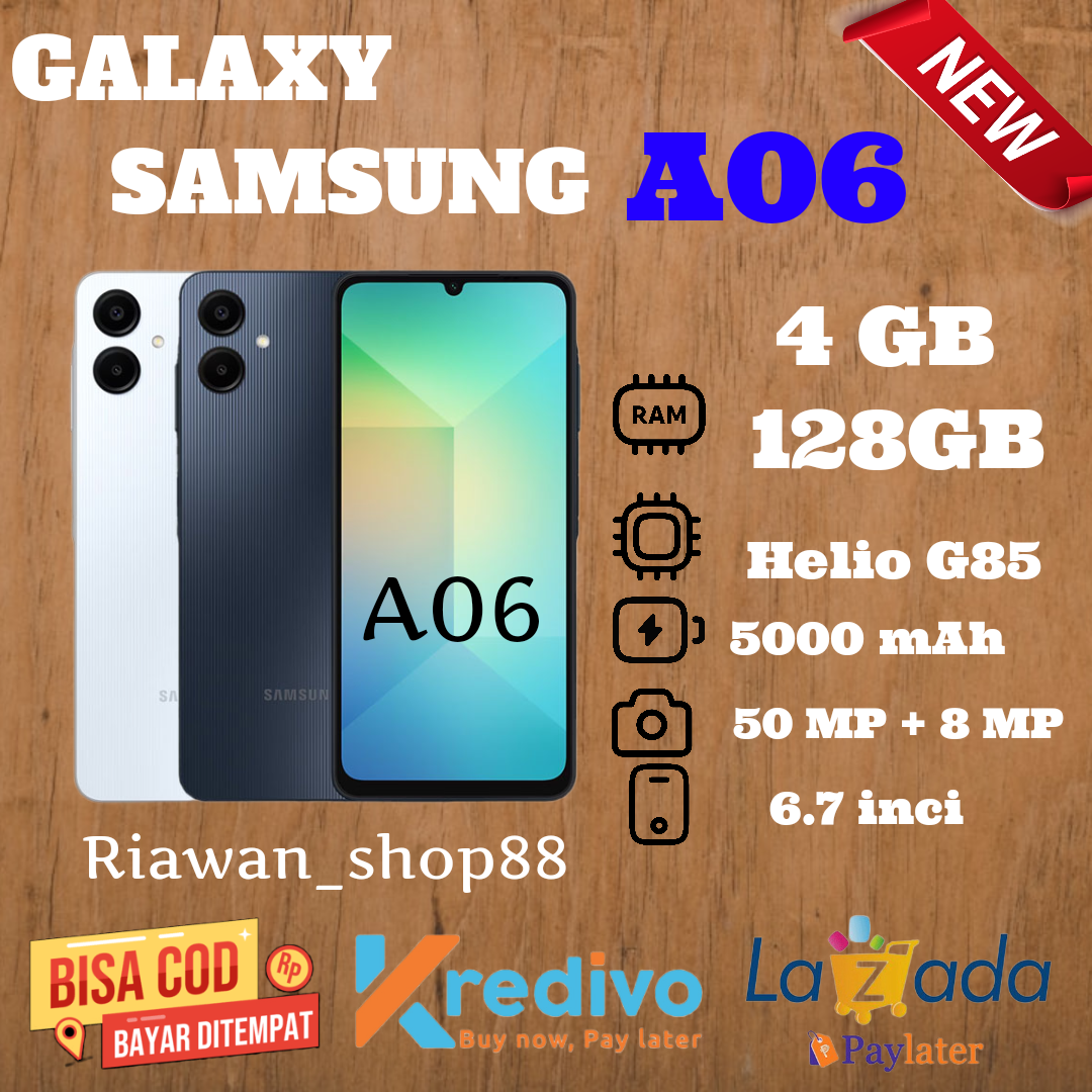 Samsung A06 smartphone promo 4GB RAM + 4GB /128GB Helio G85 Cam 50MP, Rai 5000mAh battery, 1 year official warranty (penganti A05) Harga 1,295,000 rupiah*Gratis Ongkir