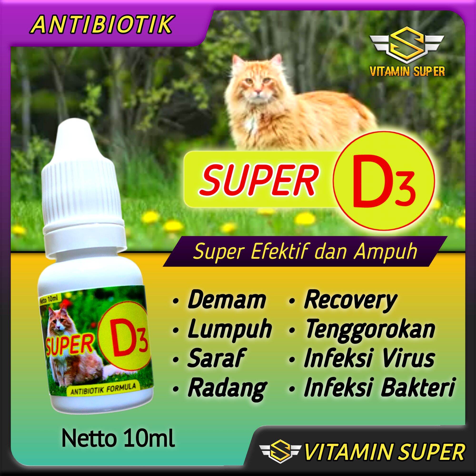 Obat Kucing Antibiotik Super D3 Antibiotik Penurun Panas, Lumpuh, Demam, Infeksi Virus, Infeksi Bakteri, Lemes, dan Radang tenggorokan. 