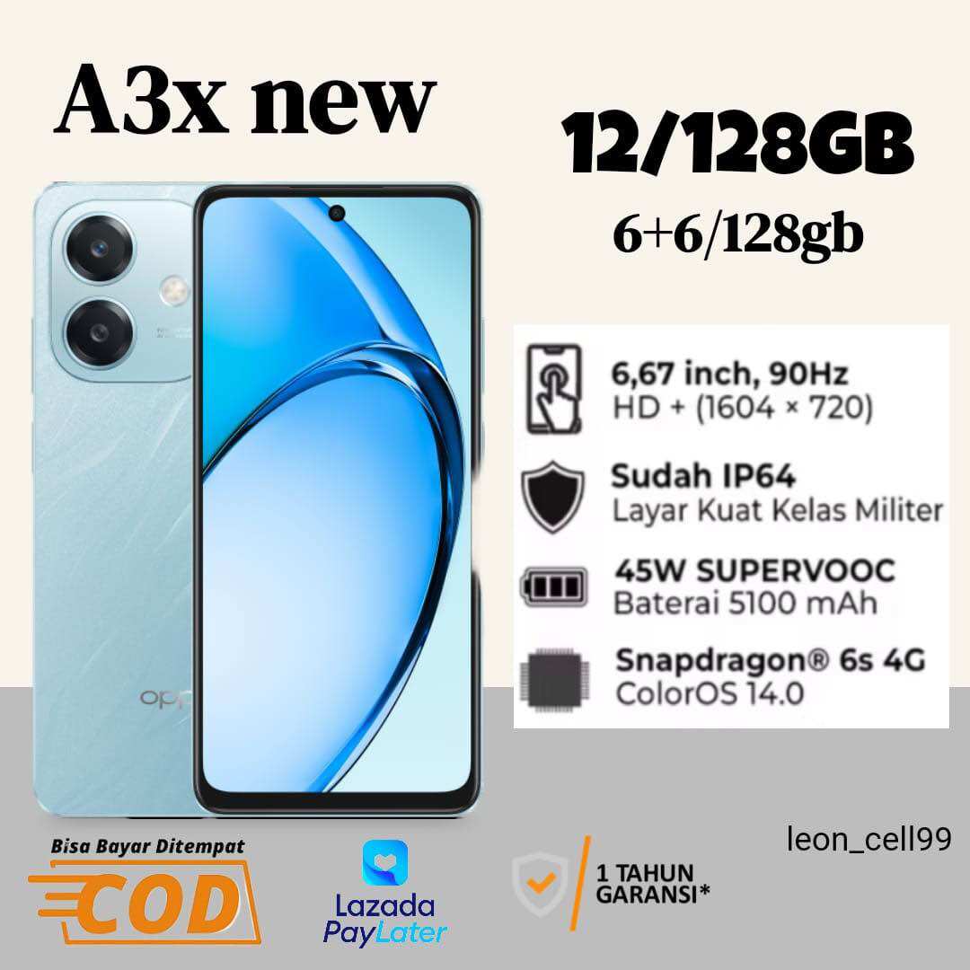Oppo A3X 12 + 128 GB (6 + 6 GB) Snapdragon 6s Gen 1 1 year warranty Oppo official Harga  1,445,000 Ringgit*Penghantaran Percuma