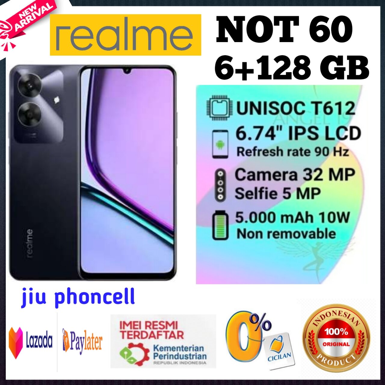 Realme Note 60 Ram 6+128 Gb 6.7 Inch Screen Unisoc T612 50 Mp Camera, Fast Charging 1 Year Official Warranty (Registered Imei) Giá 1,145,000 Đồng*Miễn phí vận chuyển
