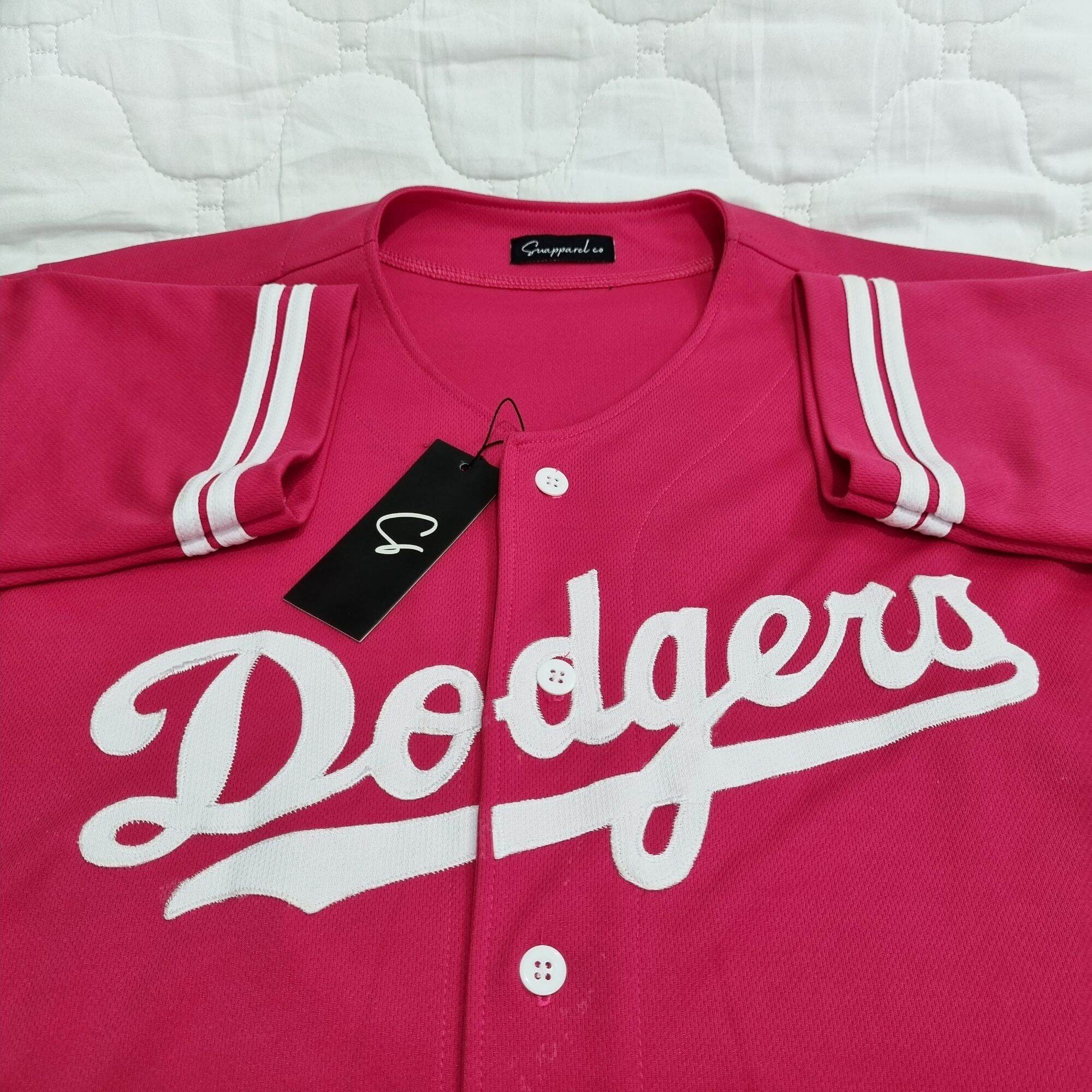 Baju Sport Jersey Baseball dodgers Pink lengan hitam Pria Wanita