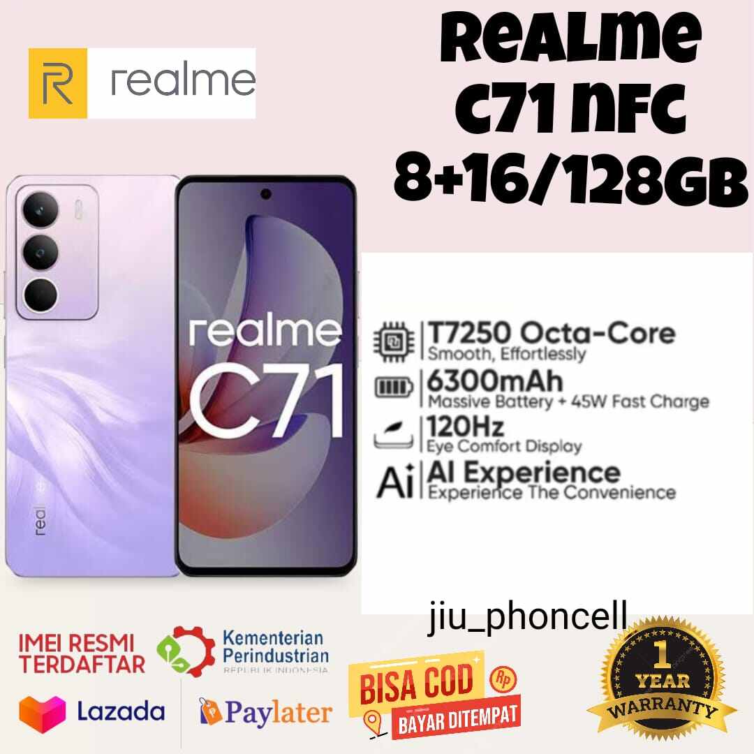 Realme C71 Nfc 8+16/128 Gb 6300 Mah Battery Fast Charging Unisog T7250 Official Guarantee 1 Year (Registered Imei) Harga 1,125,000 rupiah*Gratis Ongkir