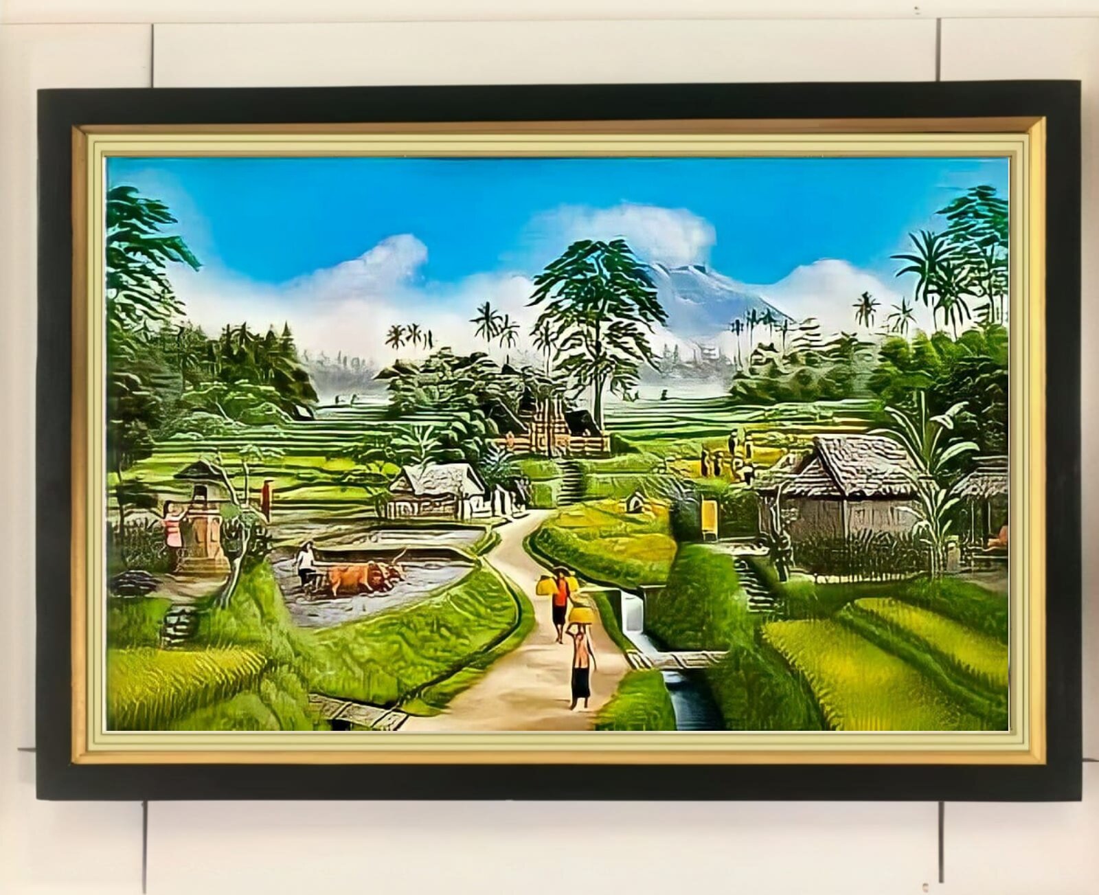 hiasan dinding lukisan cetak pemandangan desa Bali asri plus bingkai ukuran 65×45