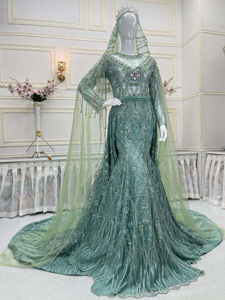 Baju Gaun Pengantin Wedding Dress Span Slim Warna Hijau Full Payet