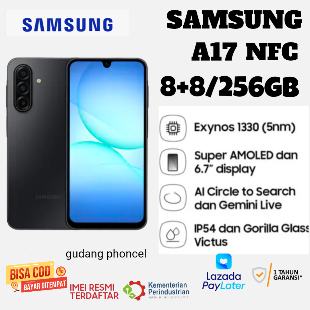 samsung A17 NFC 8+8/ 256 GB , layar super amoled batrai 5000 mah GRATIS TRAVEL ADAPTOR garansi resmi 1 tahum Harga 1,995,000 rupiah*Gratis Ongkir