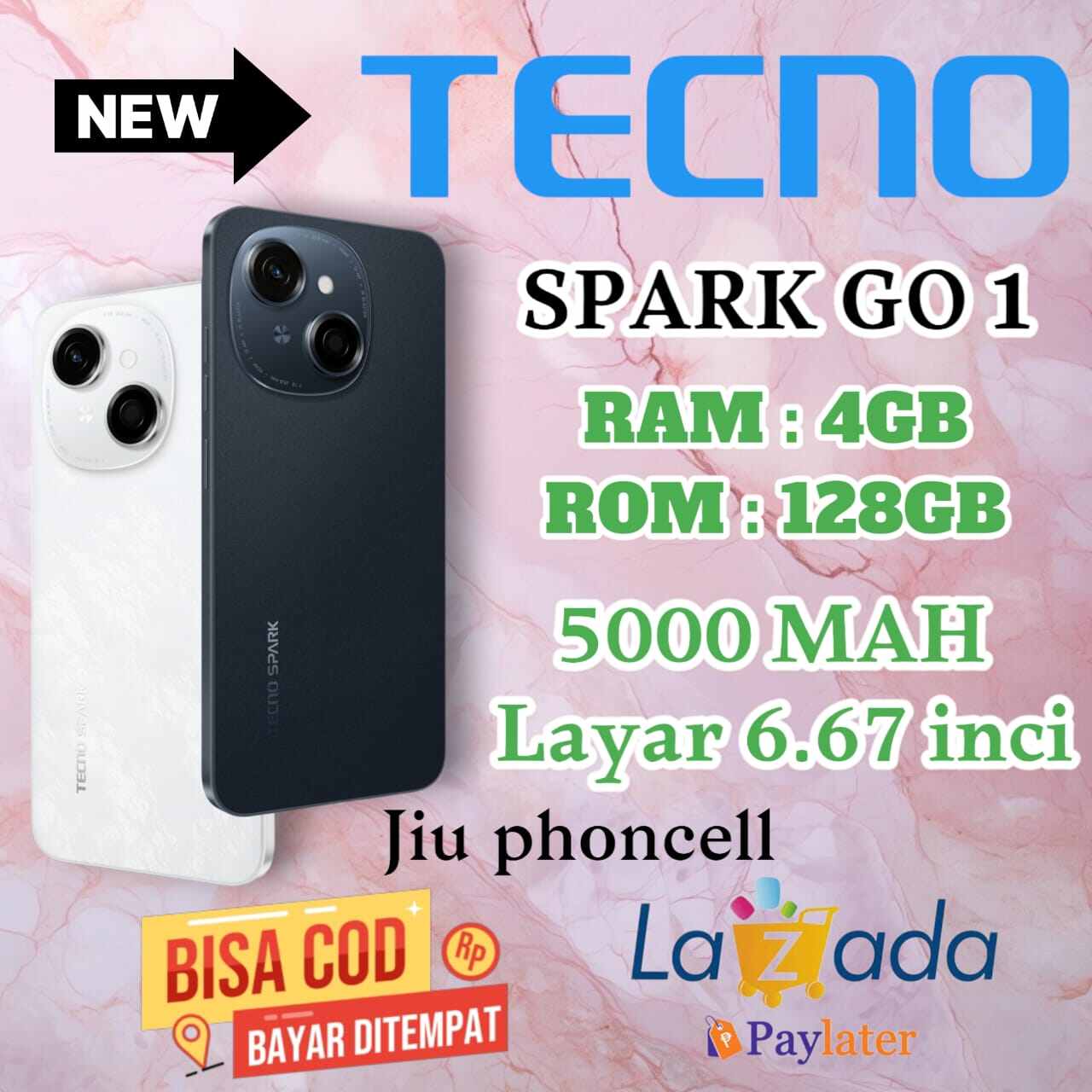 Tecno Spark Go 1 4+4/128 GB batrai 5000 mah layar 6,67 in garansi 1 tahun Harga  1,145,000 Ringgit*Penghantaran Percuma