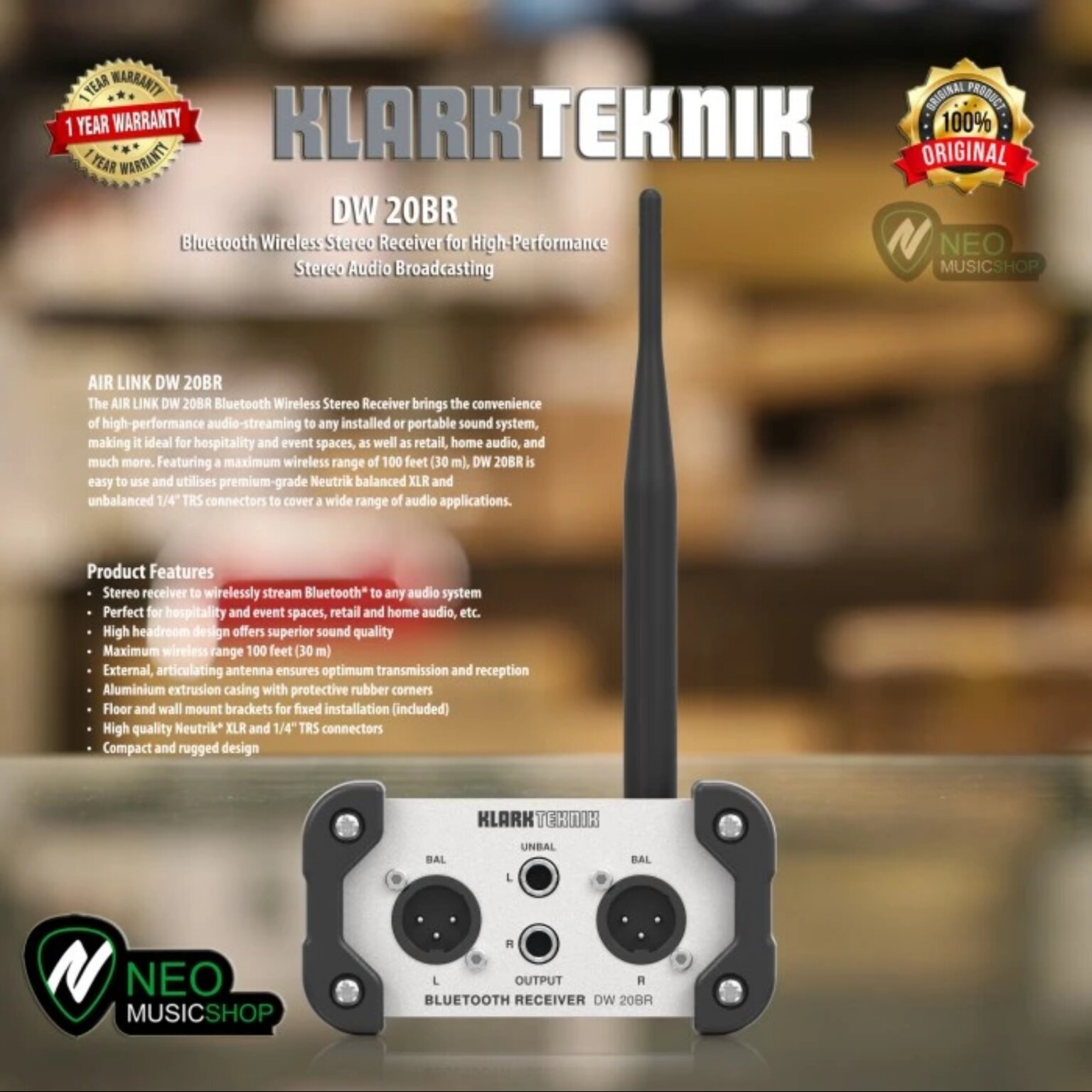 Klark Teknik DW20BR Bluetooth Wireless Stereo Receiver for High