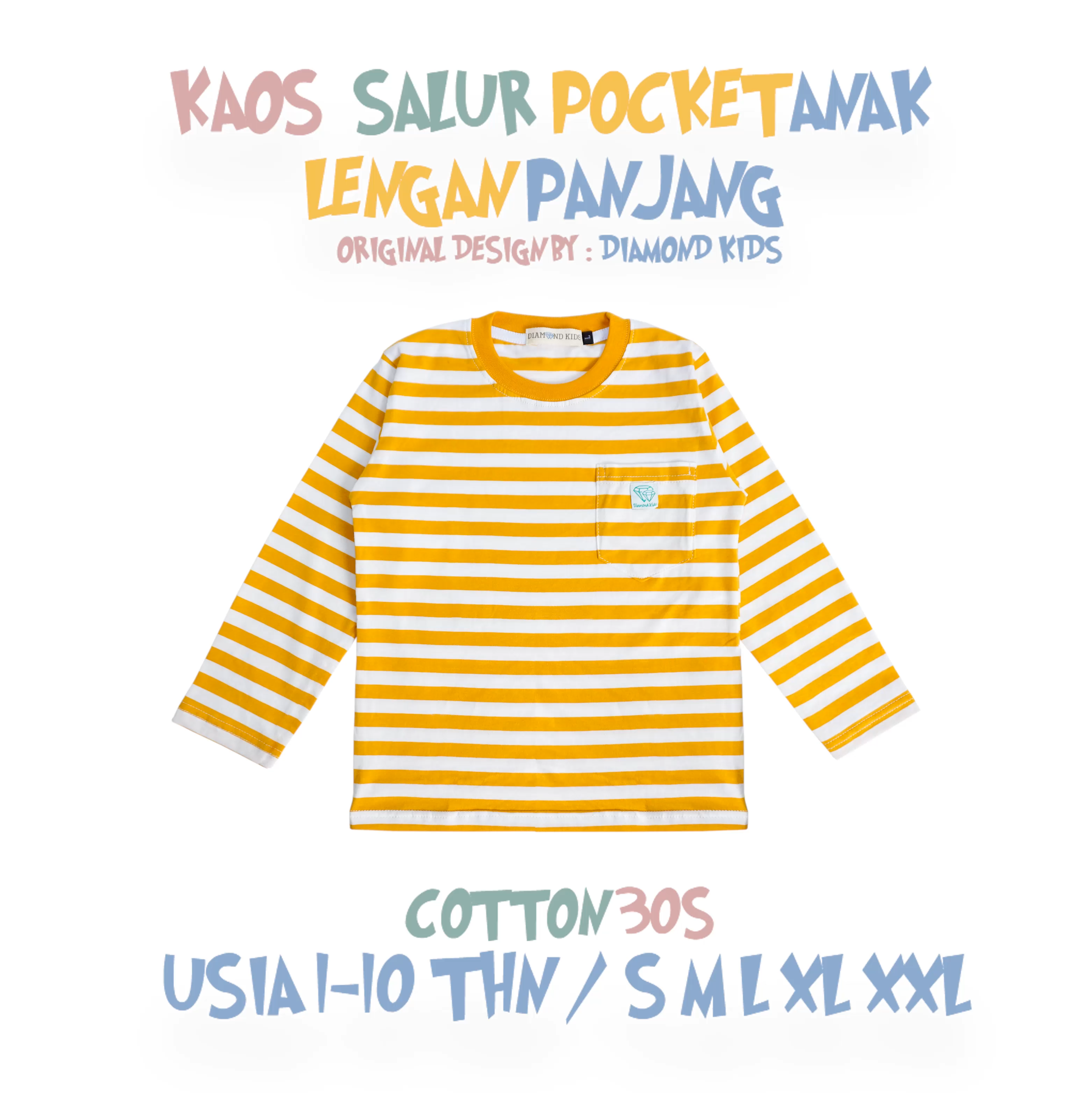 kaos salur stripe lengan tangan panjang anak perempuan laki umur usia 2 3 4 5 6 7 8 9 kuning mustard