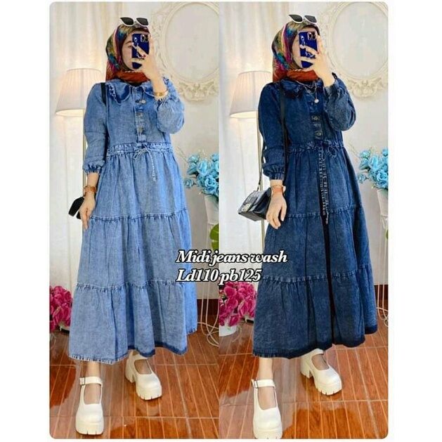 midi dress jeans serut pinggang Sosandar Indigo Blue Western Detail Denim Midi Dress