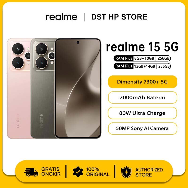 Realme 15 5G 8/256GB 12/256GB live real in every shot dual 50MP dual 4K al party mode GT boost Giá 5,299,000 Đồng*Miễn phí vận chuyển