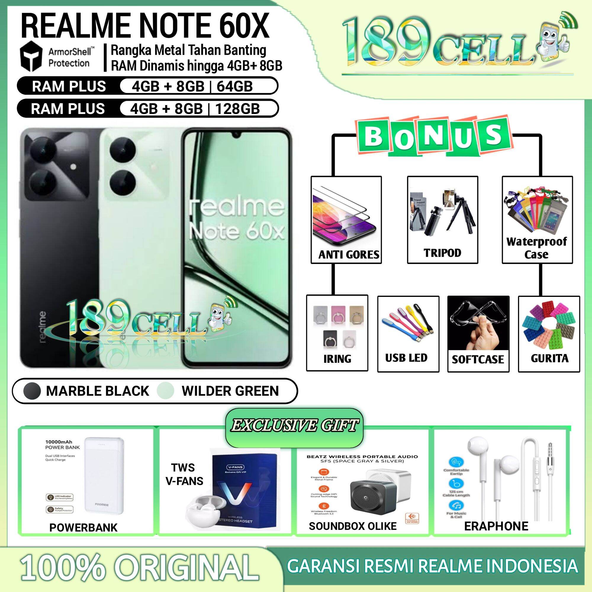Realme Note 60X Ram 4/128Gb | Realme Note60 X Ram 4/64 Gb Official Realme Indonesia Warranty Harga 1,130,902 rupiah*Gratis Ongkir