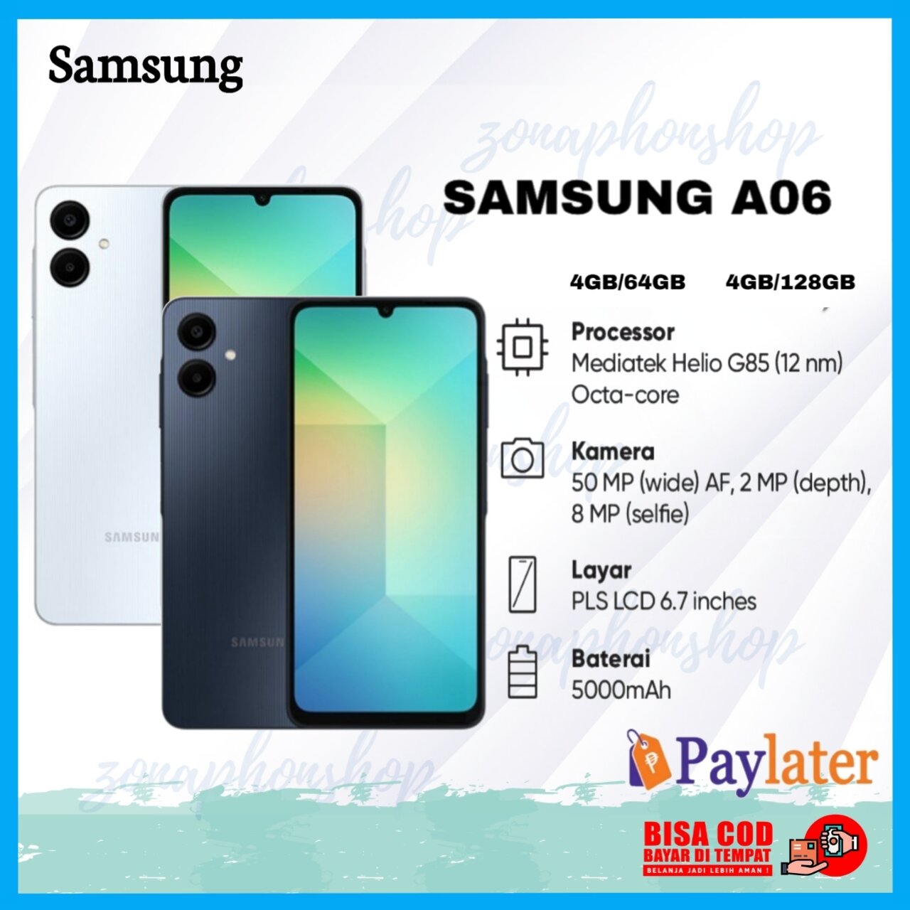 Samsung A06 6/128 Original garansi resmi Free Adaptor Charge 25W Harga 1,274,000 rupiah*Gratis Ongkir