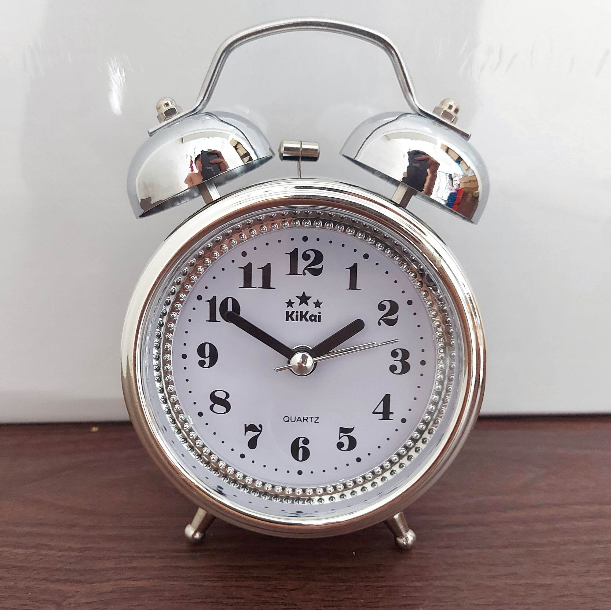 Table Clock Alarm Clock Ringing Alarm Bell Silver Iron Bell Bonus Battery