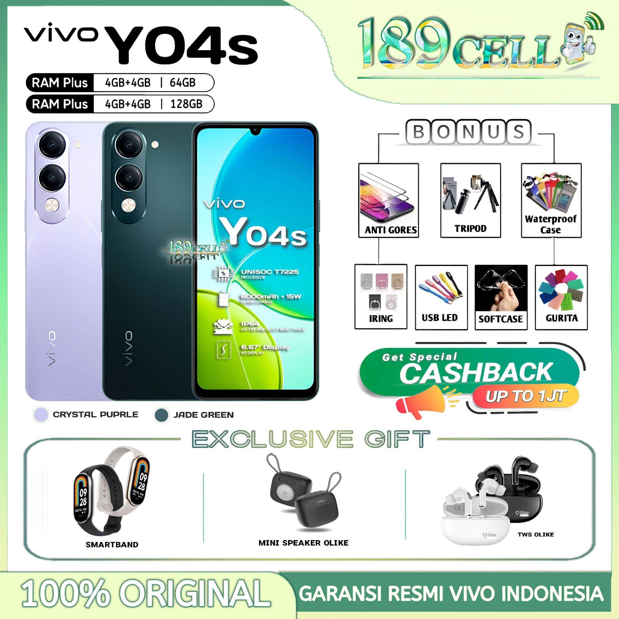 Vivo Y04S Ram 4/64Gb 4/128 Gb - Y 04S Big Battery 6000Mah Official Vivo Indonesia Warranty Giá 1,359,900 Đồng*Miễn phí vận chuyển