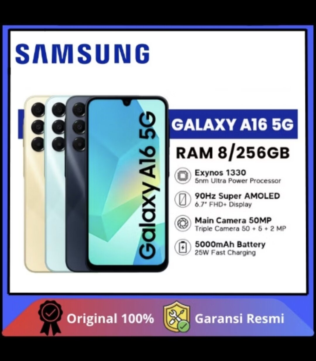 SAMSUNG A16 5G RAM 8/256 GB GARANSI RESMI ORIGINAL 1 TAHUN Harga 3,350,000 rupiah*Gratis Ongkir