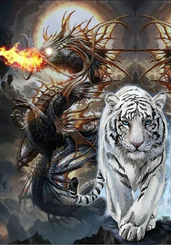 Poster Cetak, NAGA API & HARIMAU PUTIH, Ukuran JUMBO, 100×70cm DAN 150×