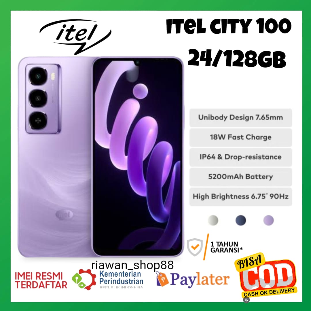 Hp Itel City 100 ram 8+16GB /128GB batrai 5200 mah ,chager 18w GARANSI RESMI 1TAHUN ,DAN SUDAH TERDAFTAR KEMENTRIAN Harga  1,055,000 Ringgit*Penghantaran Percuma