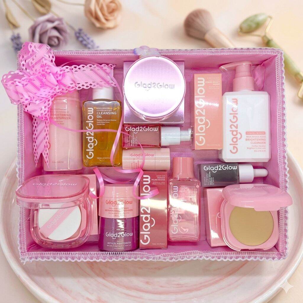 Set Kecantikan isi 12 Pcs Glads2Glow dengan berbagai produk seperti pembersih pelembab dan bedak ...