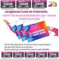 Kartu Perdana Hifi Air TRI 3 THREE Indosat Ooredoo Three FREE 215GB 1 Tahun Tanpa isi Ulang Khusus Modem Hifi Air